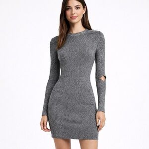 Topshop • Gray Ribbed Knit Sweater Bodycon Midi Dress Long Sleeve Elbow Cutout